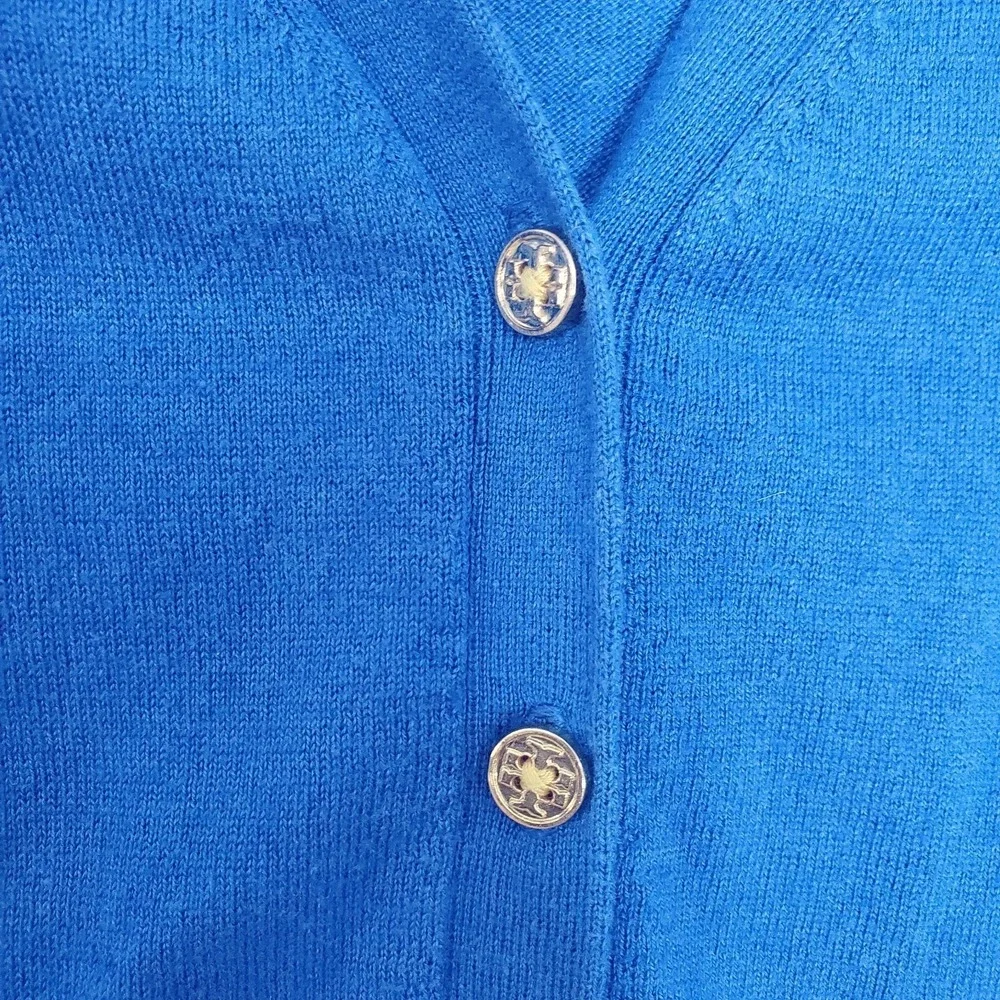 Tory Burch Sweater Womens M Blue Silk Cashmere V Neck Button Up Cropped Cardigan